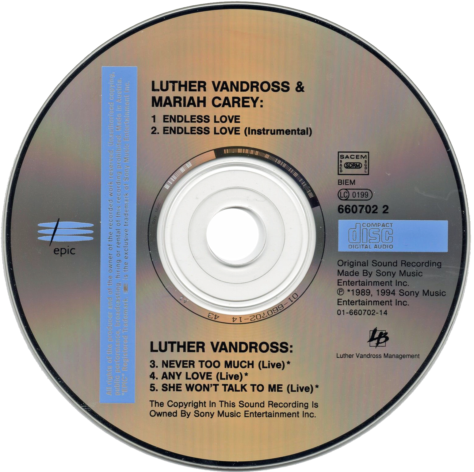 MARIAH CAREY CD Endless Love 5 TRACK Austrian w/ Luther Vandross UNPLAYED 1994