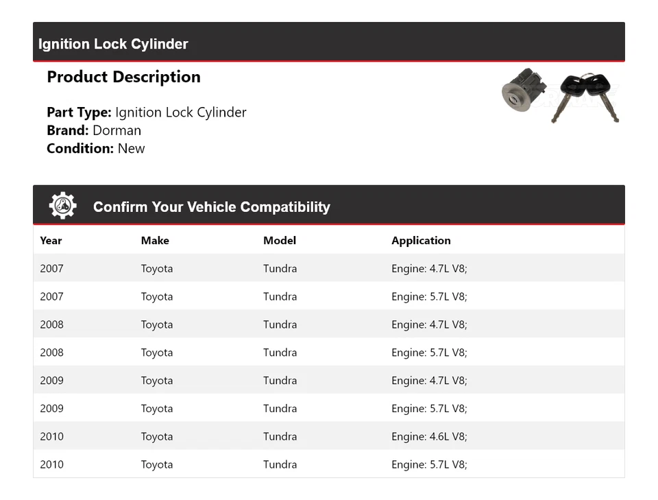 Cilindro de bloqueo de encendido 2008 2009 para Toyota Tundra Dorman 2007-2010 Foto 2 de 4