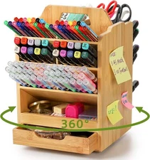 SOUJOY Bamboo Pen Holder Organizer, 360°Rotating Art Supply Storage Caddy, Hold