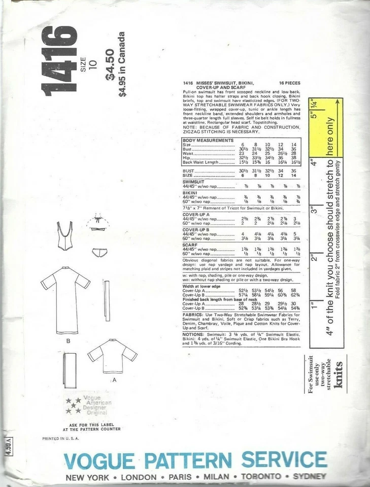 Vogue Sewing Pattern 1416, Vintage Swimsuits, Cover-Up, Scarf, SIZE 10 UNCUT - Image 2 of 2