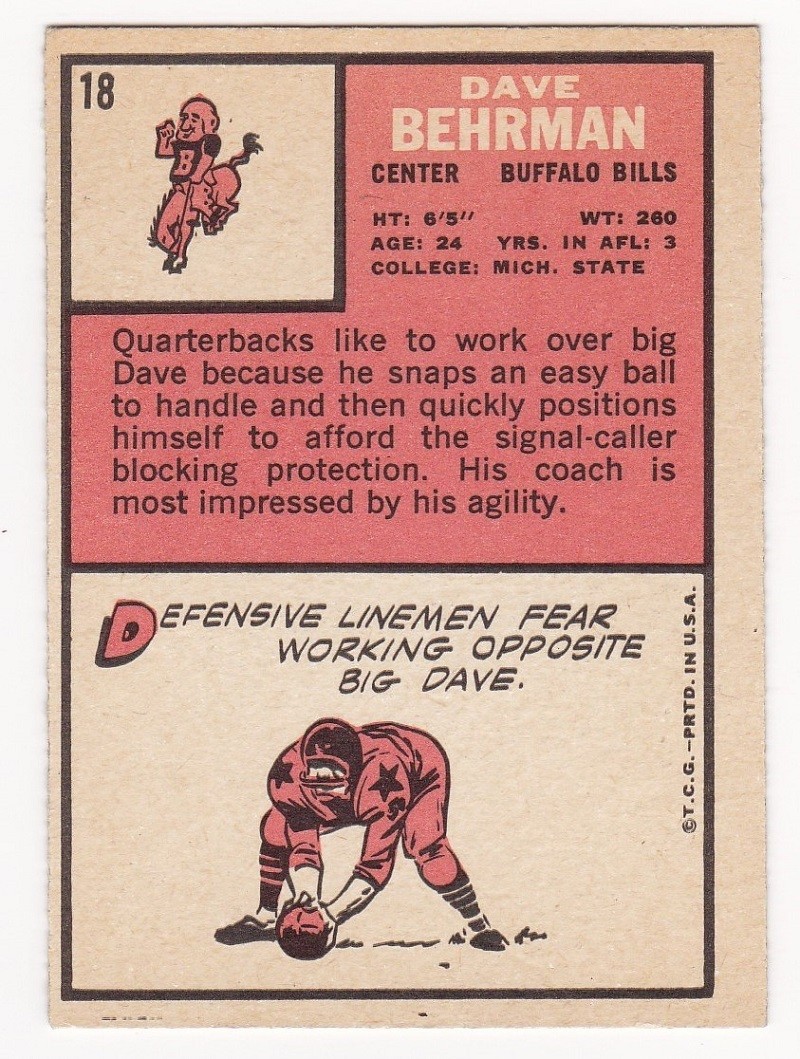 DAVE BEHRMAN 1966 Topps Football 18 Buffalo Bills Ex Plus
