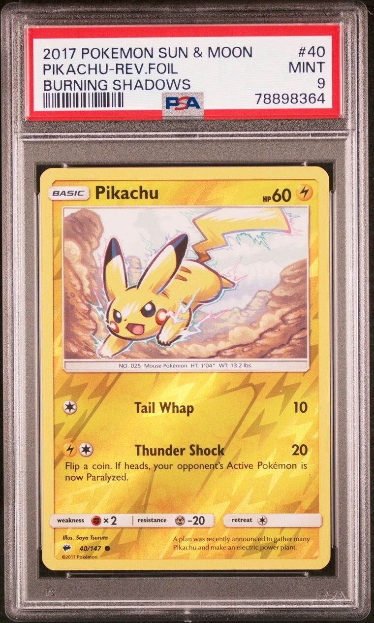PSA 9 Mint Pikachu 40/147 - Pokemon TCG Burning Shadows Reverse Rev  Holo Foil