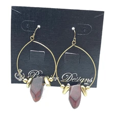 NWT Premier Designs Brown Faux Stone Dangle Drop Hoop Earrings Gold Tone Vintage