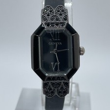 Geneva Womens Watch Gem Shaped Crystal 19mm Black Case Band Quartz Analog