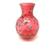 Hand Painted Ruby Red Small Glass Bud Vase Flower Miniature Decorative Dimpled  