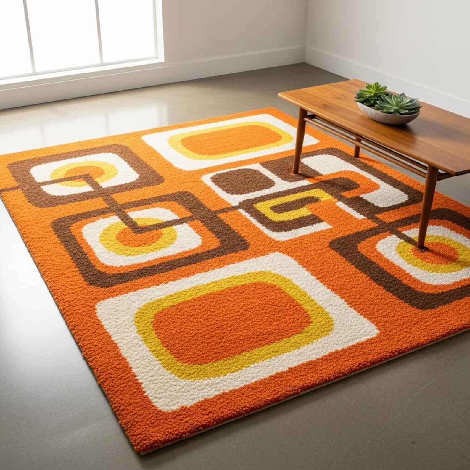 Retro Geometric Orange & Brown Area Rug – Mid-Century Modern Style