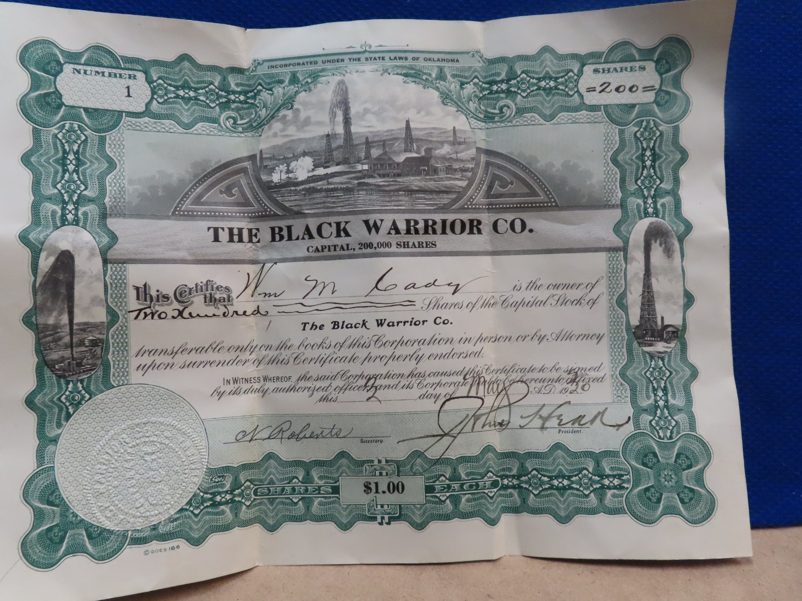 1930 STOCK CERTIFICATE BLACK WARRIOR COMPANY OKLAHOMA CITY, OK 200 SHARES