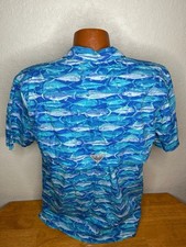 Men's Columbia PFG Omni-Shade S/S Button Front Shirt Medium M Blue Fish - Poly