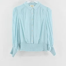 Anthropologie Maeve Womens Rosa Top Size S Blue Swiss Dot Smocked Blouse Boho