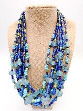 Six Strand Blue Green Glass Bead Necklace Multi Strand Statement Beaded 21"