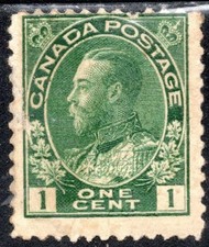 Canada Stamp Scott #104, 1c, King George V, Green, OG, MNH, SCV$60.00