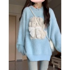 Strickpullover Damen Winter Hunde Tiermuster Flauschig Langarm