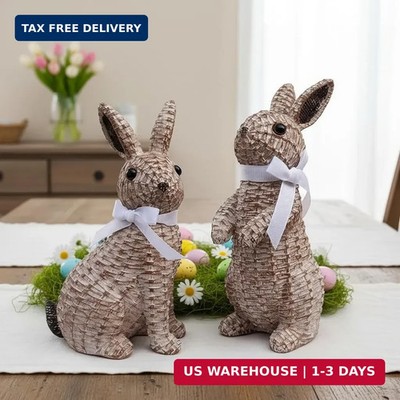 Rattan Effect Resin Easter Bunny Figurines Decor 2 PCS Wicker Looking Rabbit Dec