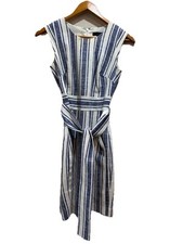 J.Crew Women's 000 Blue White Linen Blend Striped Dress Belted EUC