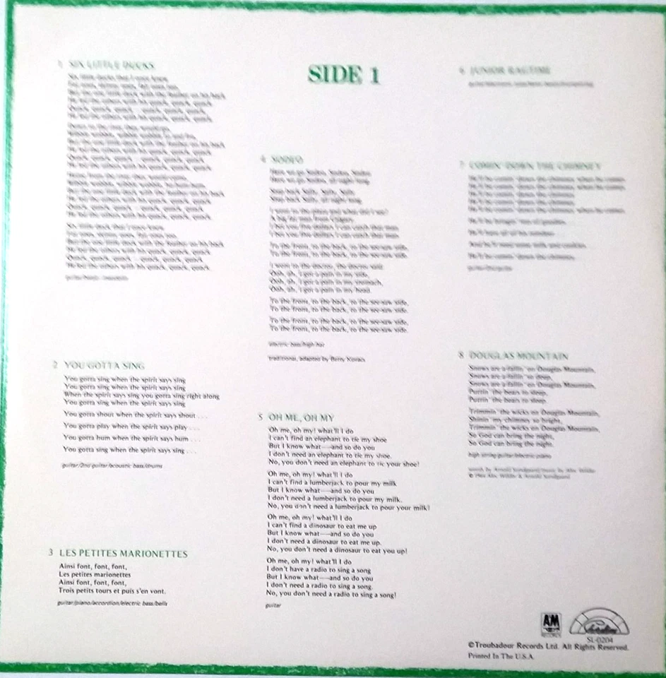 RAFFI- More Singable Songs- Vinyl LP- Shoreline- 1977-ORIG LYRIC SLEEVE & INSERT - Image 4 of 4