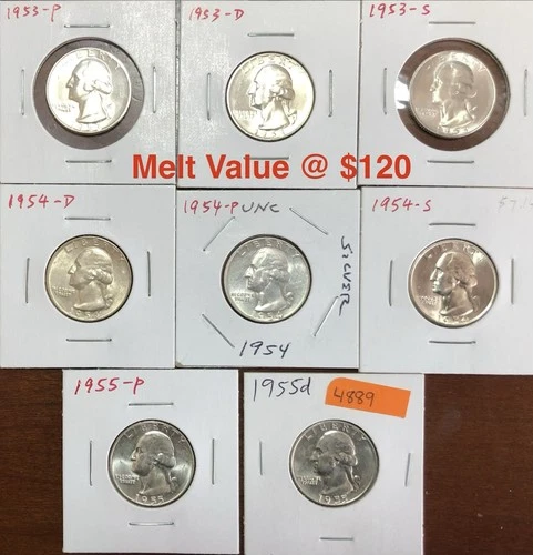 Lot of 8 Washington 90% Silver Quarters 1953, 1954, 1955, (P, D,S) All Unc MS