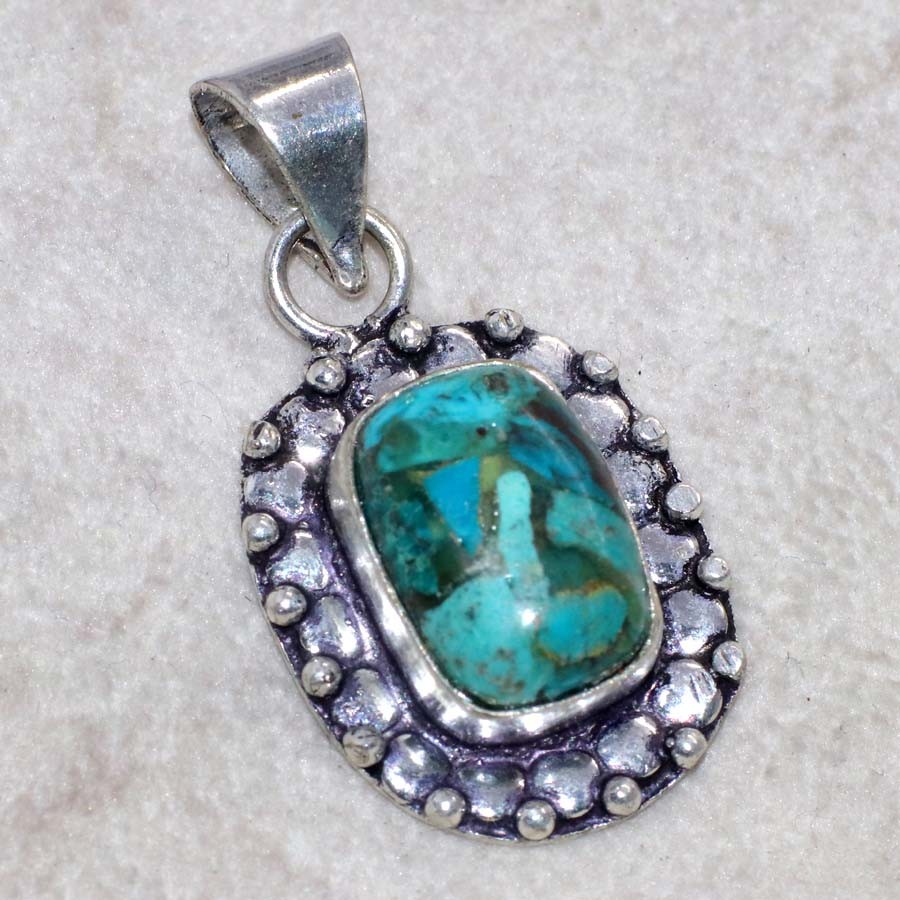Copper Chrysocolla 925 Silver Plated Pendant 1.4" Under 10 Dollar Gift Trendy MJ