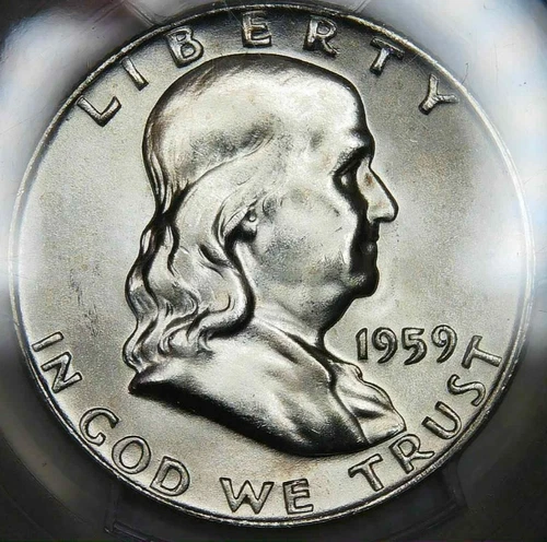 1959-D__MS 65 FBL__Franklin Half Dollar__Blast White__PCGS, Unc Silver Coin