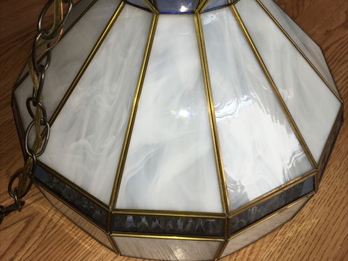 Beautiful Vintage Tiffany Style Hanging Swag Lamp Blue & White Panels~15.5" wide - Picture 6 of 11