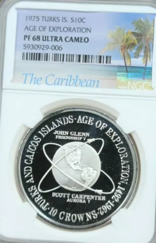 1975 TURKS & CAICOS SILVER 10 CROWNS AGE OF EXPLORATION NGC PF 68 ULTRA CAMEO !