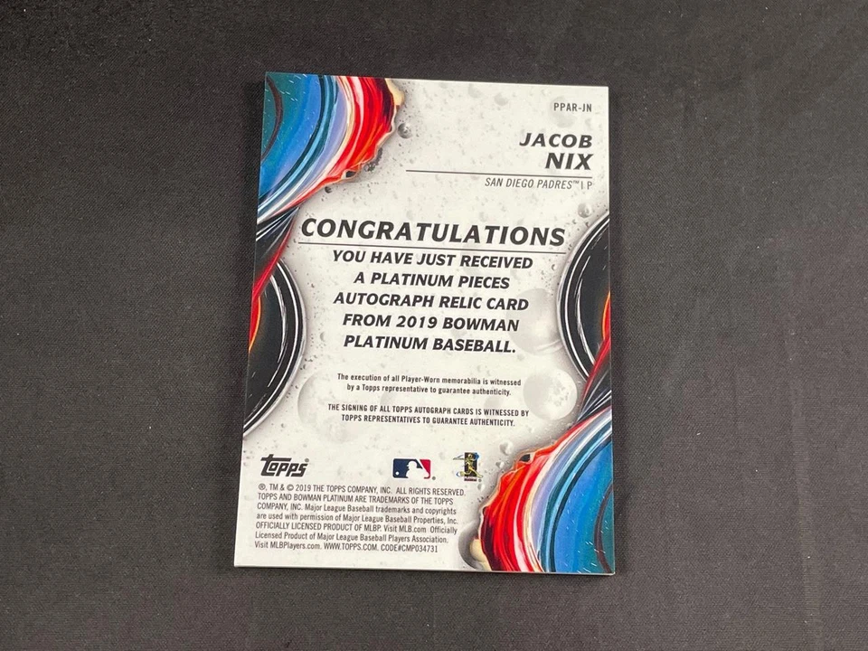 2019 BOWMAN PLATINUM JACOB NIX PPAR-JN ROOKIE ORANGE PARALLEL PATCH AUTO 13/25 - Image 2 of 2