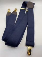 Men  s Y-Shaped Stretch Suspenders, Navy Blue, Brown Leather, Brass Clips 1.25  
