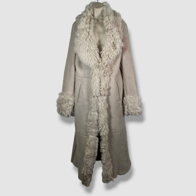 Halfboy Women's Beige Long Leather Top Shearling Trim Open-Front Coat Size XL