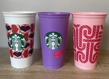 Starbucks 3 Reusable Cups No Lids Hearts Lips Candy Cane Design