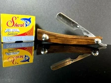 100 blades + Professional Wood Barber Hair Shaving Razor Straight Folding Shark