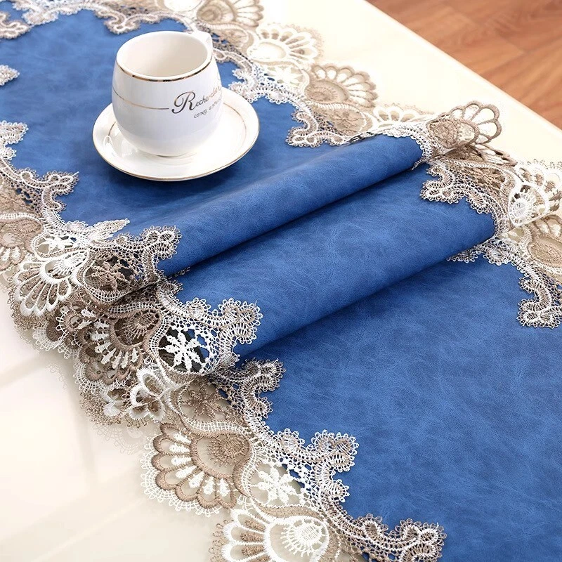 PU Leather Table Runner Lace Trim Table Cloth Wedding Party Chic Table Cover Art - Image 4 of 4