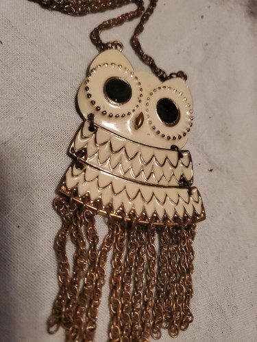 Vtg Costume Jewelry Enamel Owl Necklace - Picture 2 of 10