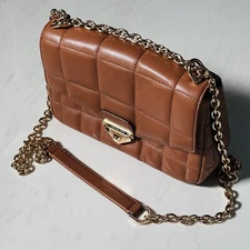 Michael Kors Soho Quilted Brown Leather Shoulder Bag Gold Ghain Strap 6.5" x 9.5
