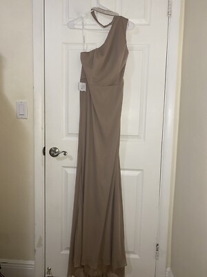 Azazie Davina One Shoulder Taupe A Line Bridesmaid Wedding Dress Size 12 NWT