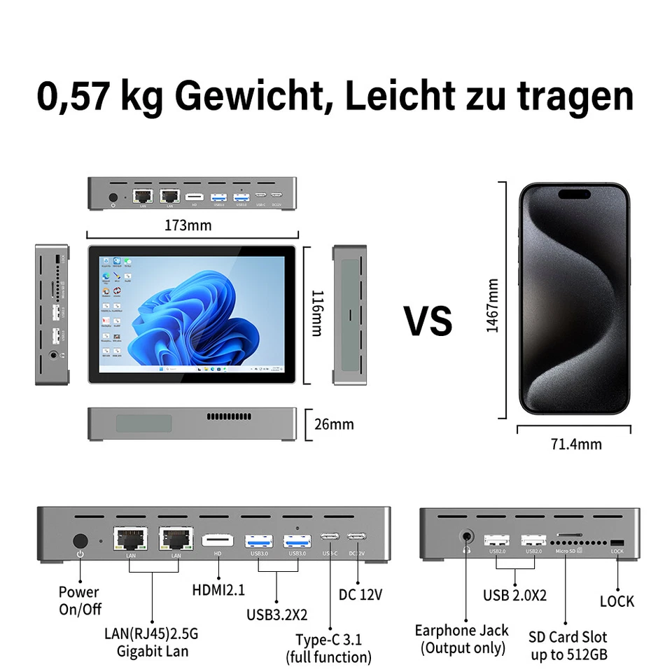 HEIGAOLA 7'' Tablet PC Windows 11 Pro mit Intel N100 16GB DDR4 512GB eMMC WiFi - Bild 3 von 4