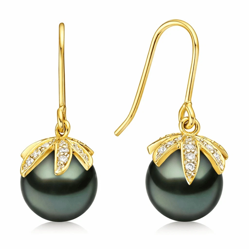 14K Yellow Gold Tahitian Cultured Pearl & Diamond Earrings 8-9mm 0.07 ct tw