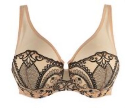 Louisa Bracq Beige Blacj ''Scarf'' Floral Embroidered Bra 32C Delicate Sexy Wired 