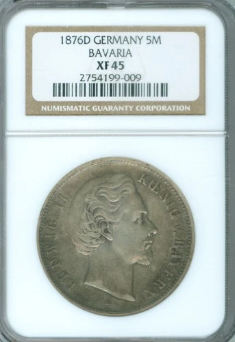 GERMANY BAVARIA LUDWIG II 1876-D  5 MARK SILVER COIN, NGC CERTIFIED XF45