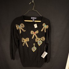 Le Chois Black Knit Pullover Sweater Bow Heart Beaded Silk Blend Crew Neck M
