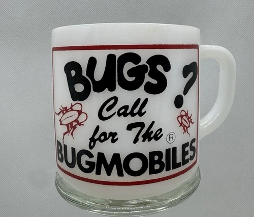 Vintage Federal Milk Glass Advertising Mug Bugs Double Sided Fire King Cup