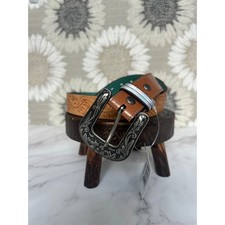 Western Tan Girls Small Embossed Belt Brown White Trim Silver Floral Buckle