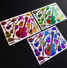 3 GUITAR MUSIC BAND LG vintage vending sticker prism prismatic glitter foil holo