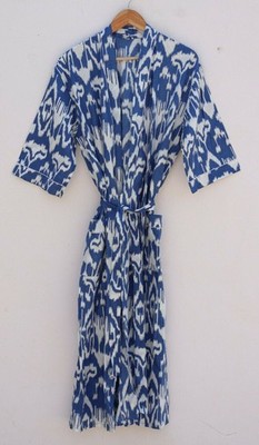 Indian Ikat Print Maxi Blue Cotton gown Lingerie Beach Cover Up Kimono Dress