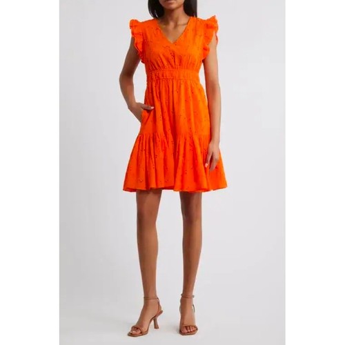 Anne Klein Women Bright Orange Eyelet Tiered Midi Dress Ruffle Sleeve Size Large