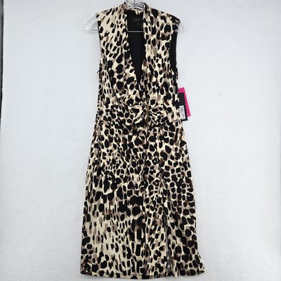 Donna Karan Dress Womens 12 Brown Black Animal Print Sleeveless Midi Ruched Wrap