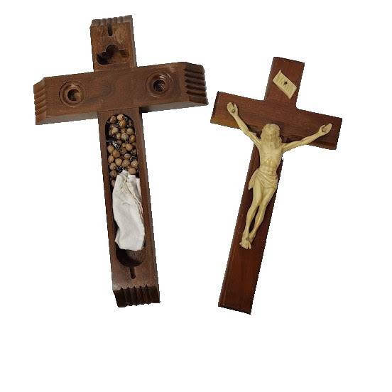 Wooden Cross Crucifix Opens 2 Rosaries White Cloth Shroud Rosary 12.75 Inch