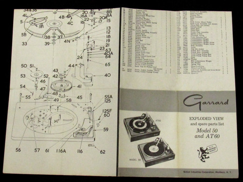 Garrard Model 50 AT60 Turntable Phono Exploded View Parts List Service Manual