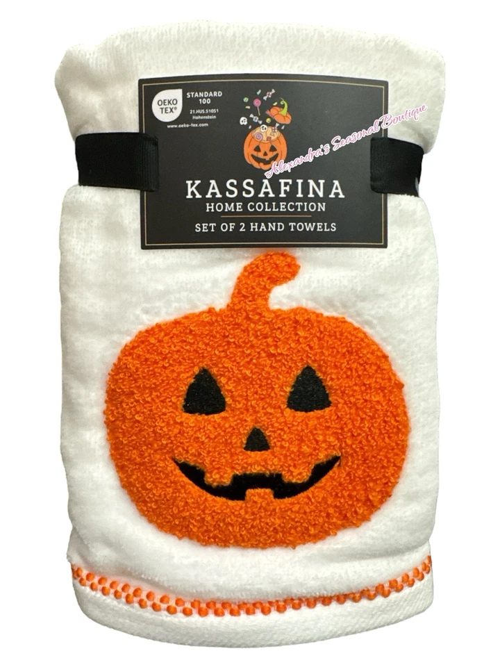 Kassafina Home Set Of 2 Halloween Fall Hand Towels Smiling Pumpkin 100% Cotton - Image 2 of 4