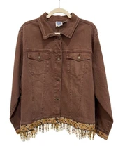 DG2 By Diane Gilman Jacket Plus Size 2X Button Front Beaded Fringe Hem Neutral