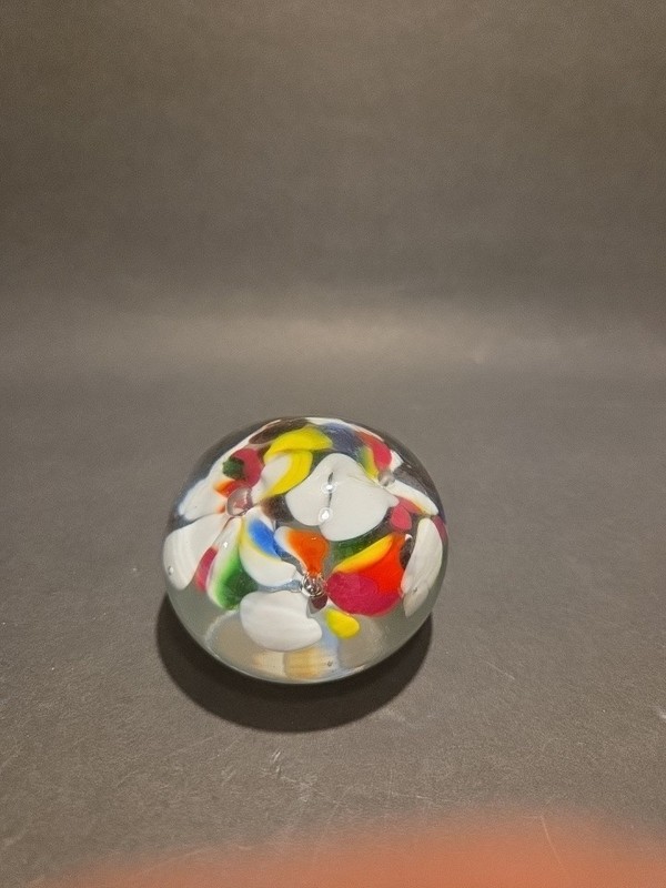 Vintage Clear Glass Paperweight With Multicolor Flowers , Made In Taiwan