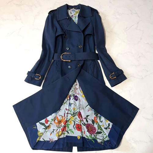 Bellissimo trench GUCCI blu navy con bottone logo Flora bambù Horsebit Donna